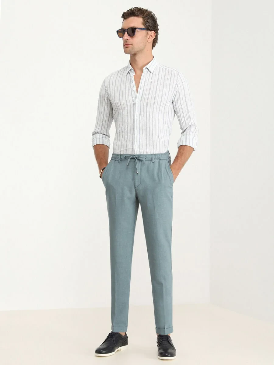 Petrol Blue Weaving Jogging Fit Casual Trousers - 2