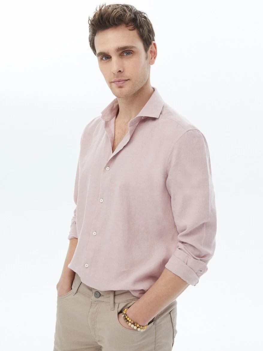 Pink Plain Regular Fit Weaving Casual Cotton Blended Shirt - 1