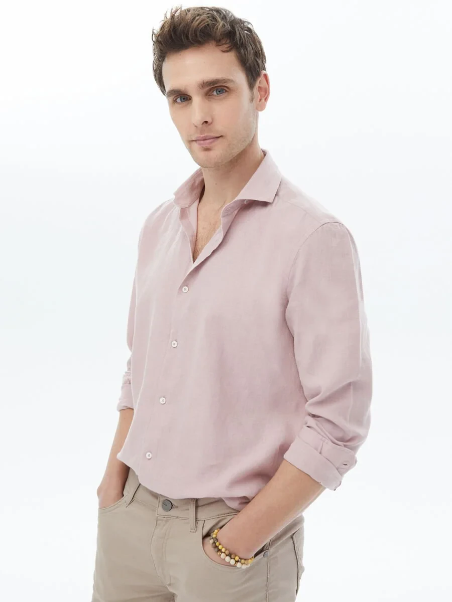Pink Plain Regular Fit Weaving Casual Cotton Blended Shirt - 1