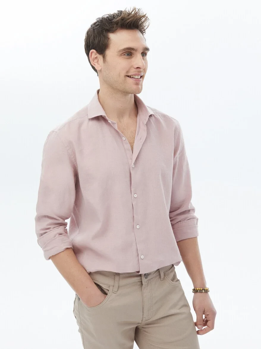 Pink Plain Regular Fit Weaving Casual Cotton Blended Shirt 