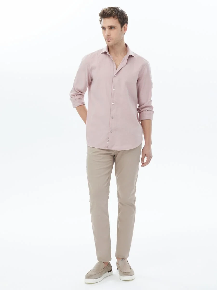 Pink Plain Regular Fit Weaving Casual Cotton Blended Shirt - 5
