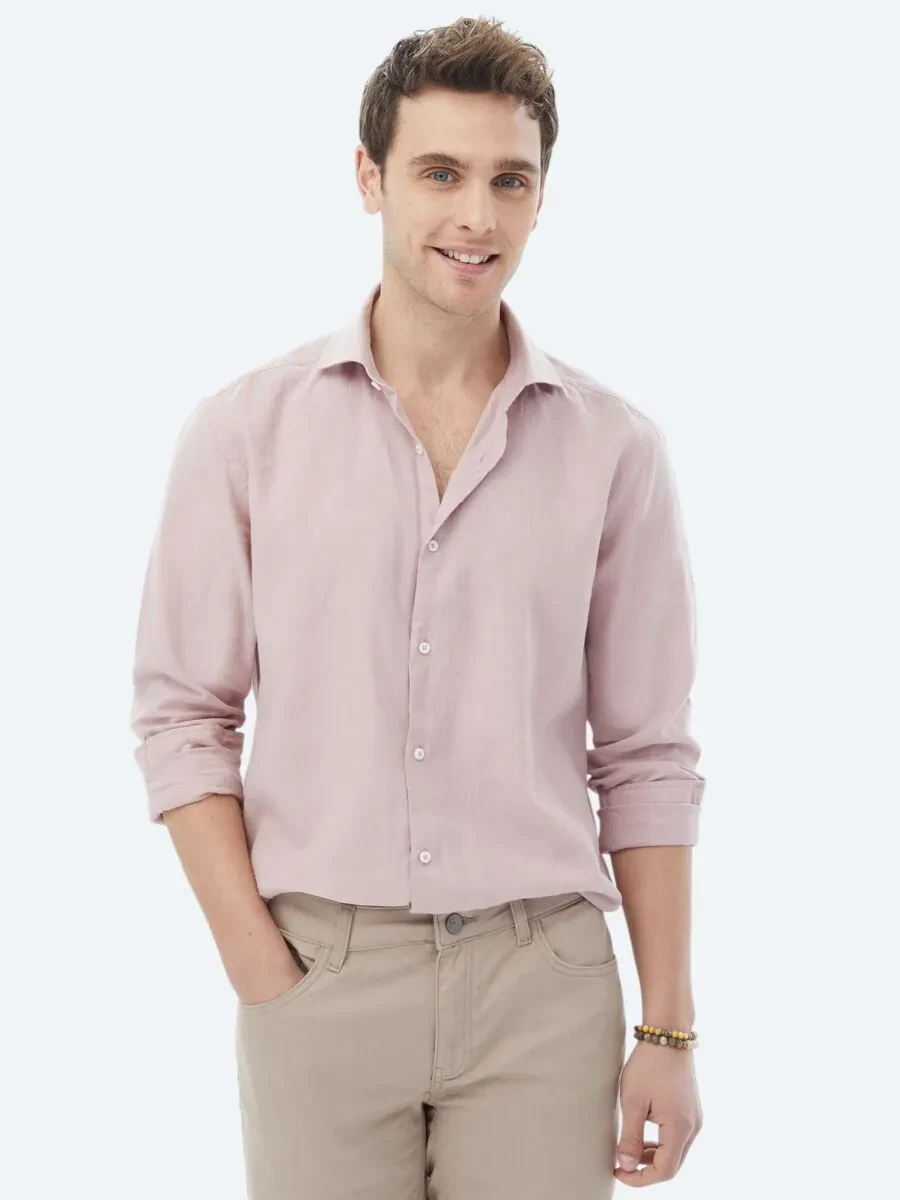 Pink Plain Regular Fit Weaving Casual Cotton Blended Shirt - 1