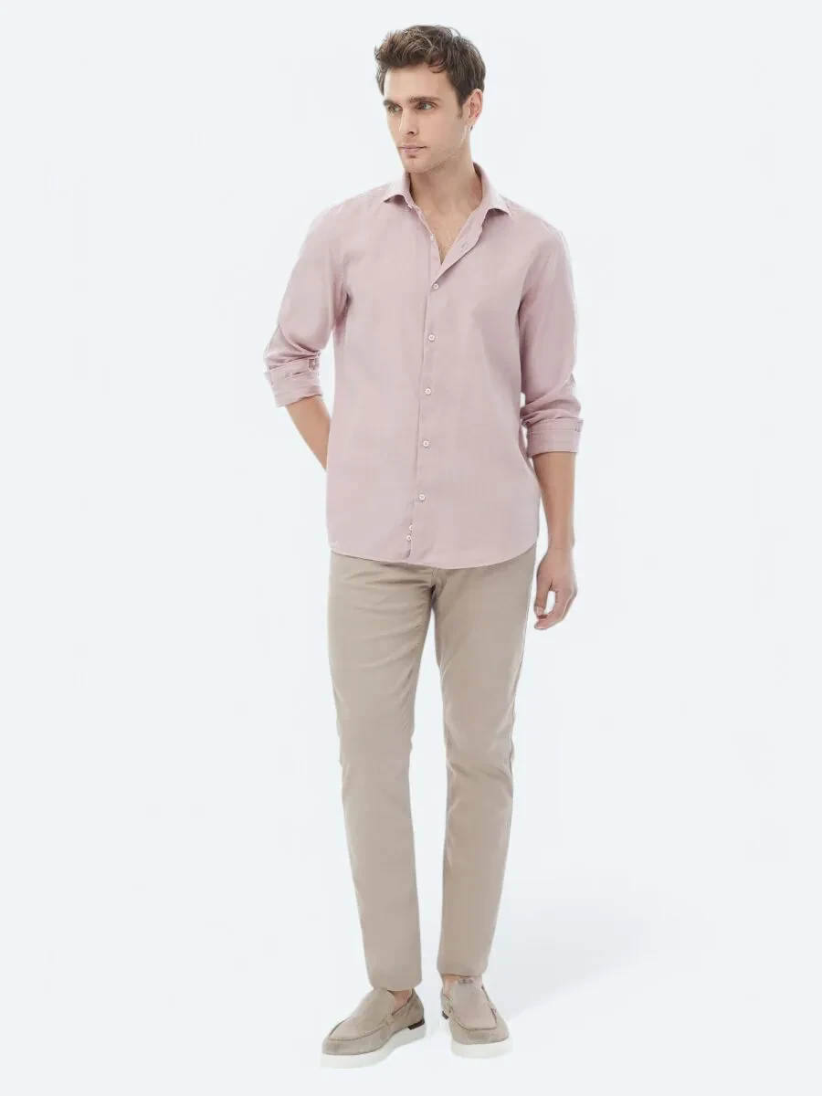 Pink Plain Regular Fit Weaving Casual Cotton Blended Shirt - 2