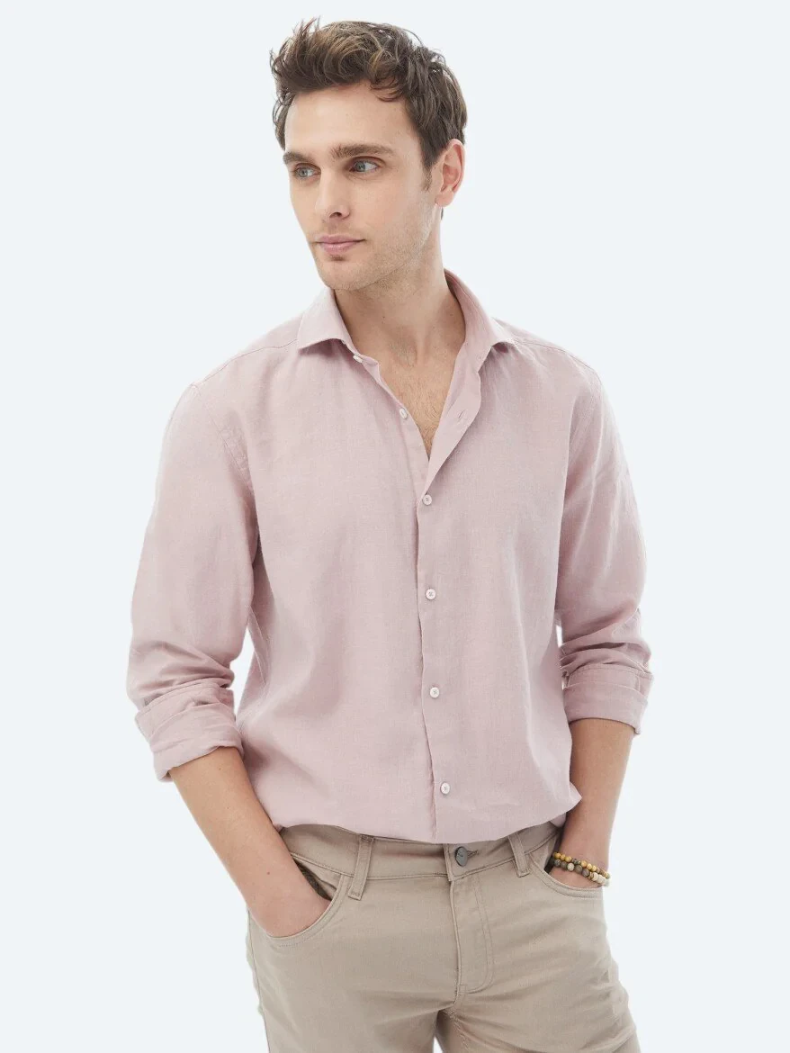 Pink Plain Regular Fit Weaving Casual Cotton Blended Shirt 