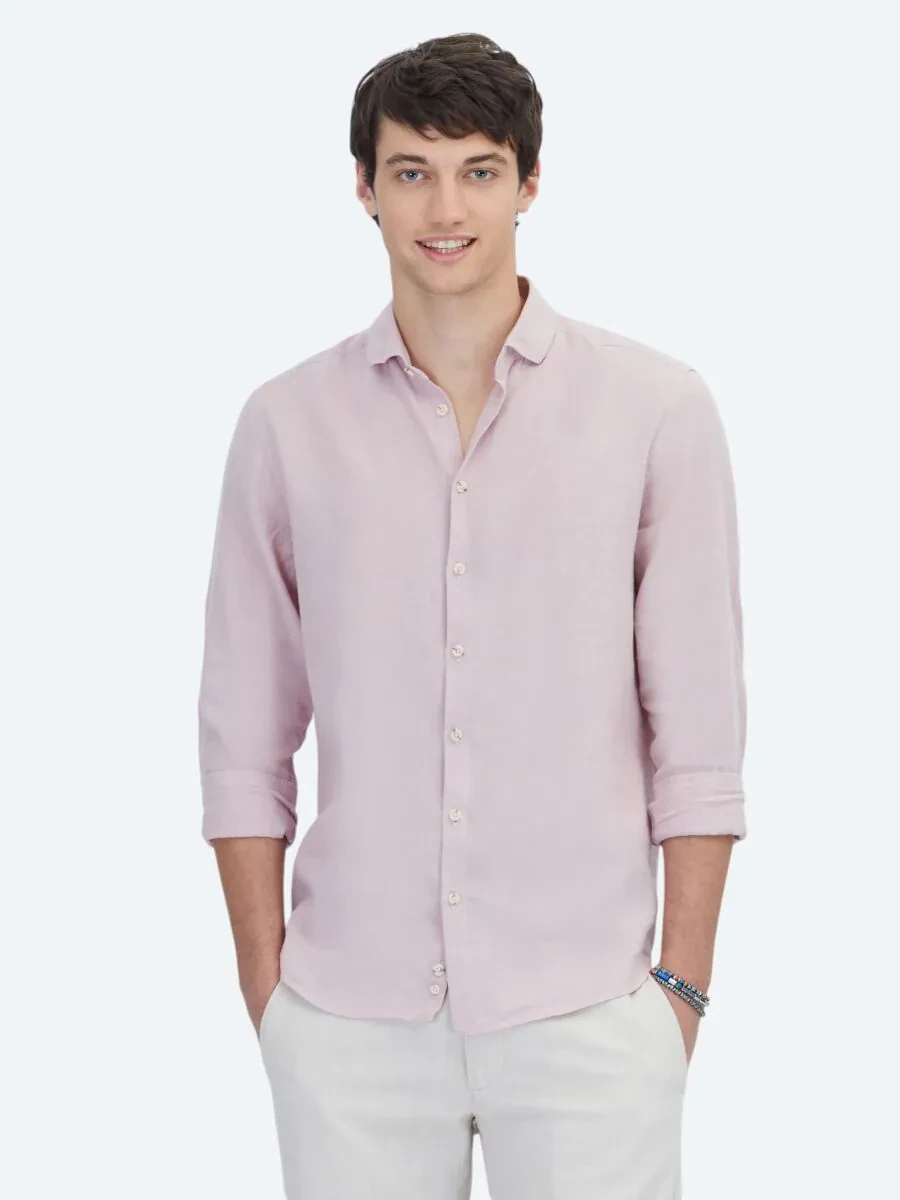 Pink Plain Weaving Casual Cotton Blended Shirt - 1