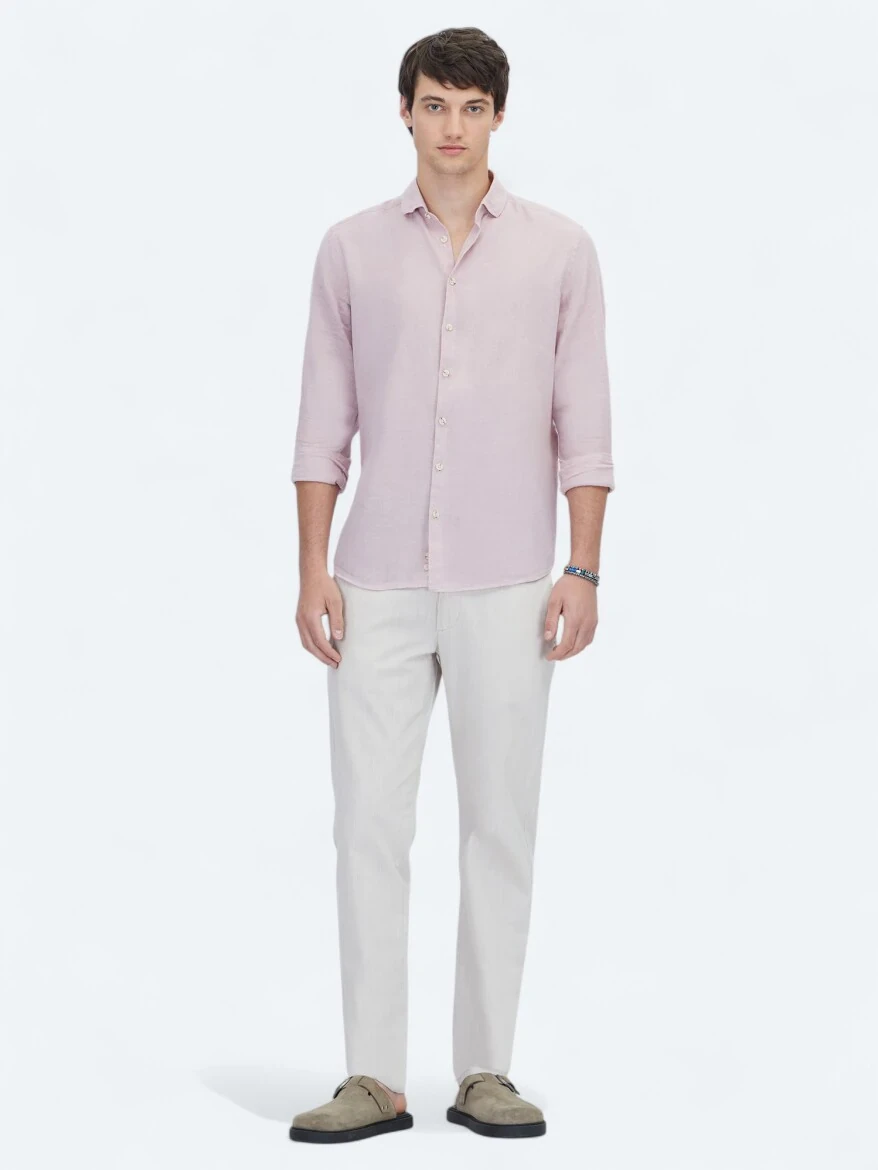 Pink Plain Weaving Casual Cotton Blended Shirt - 2