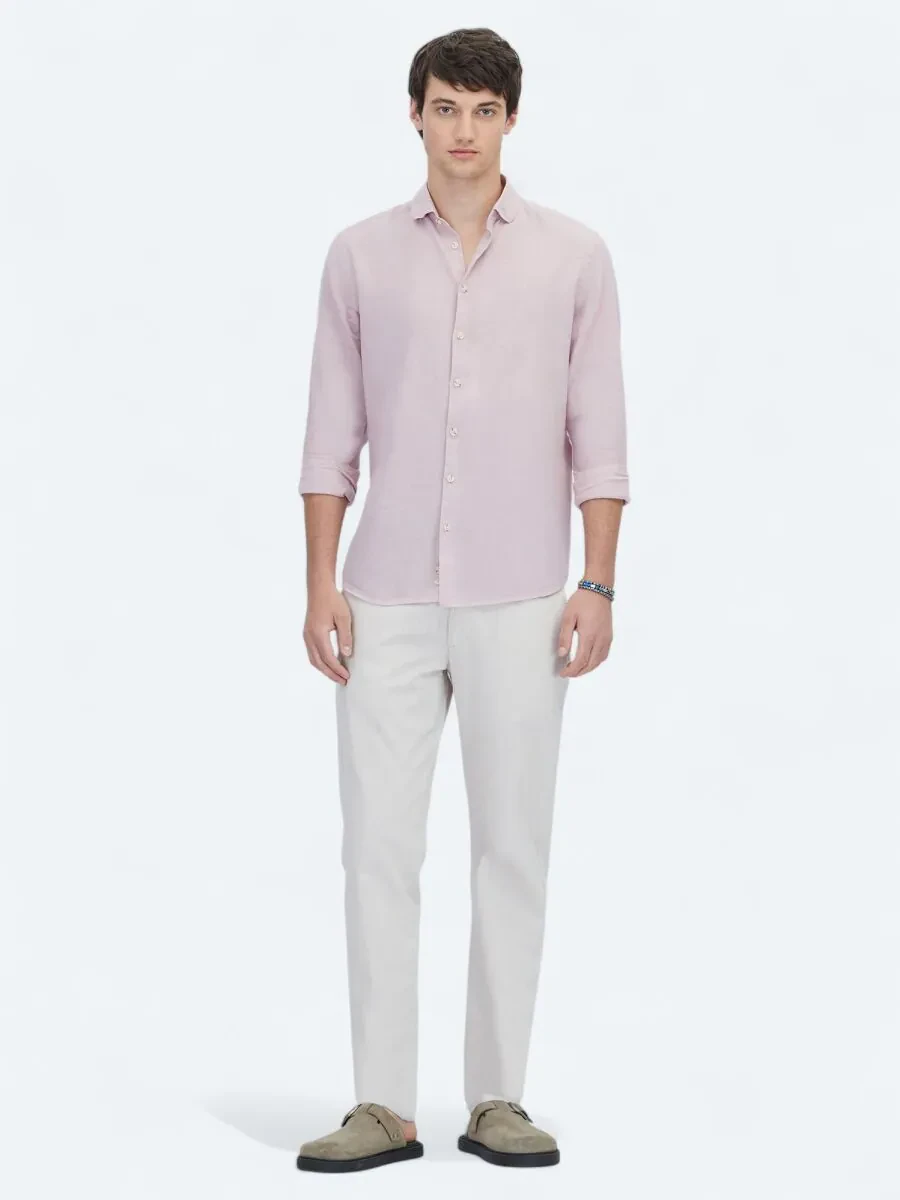 Pink Plain Weaving Casual Cotton Blended Shirt - 2