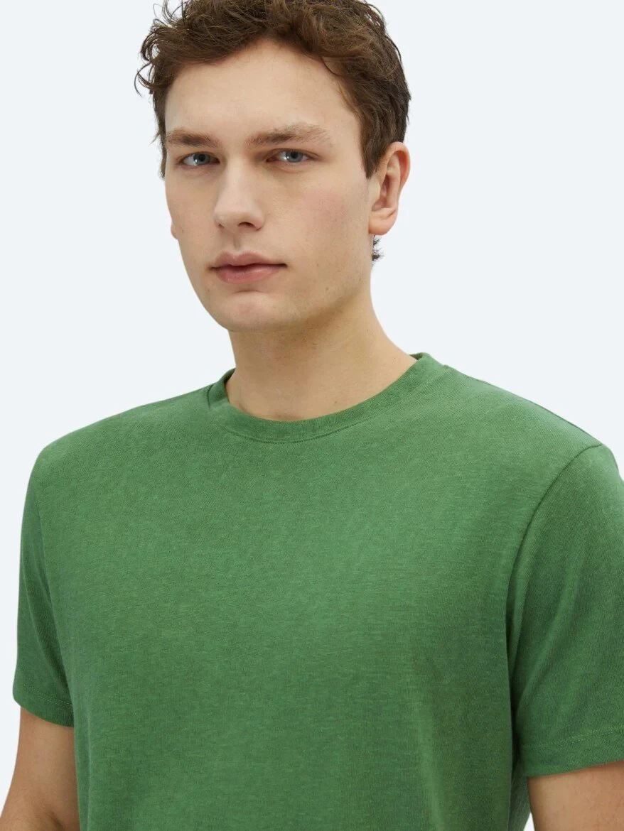 Pistachio Green Plain Crew Neck Cotton Blended T-Shirt - 3
