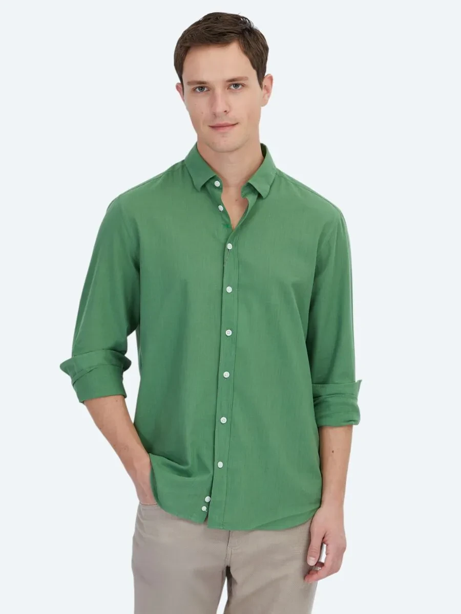 Pistachio Green Plain Weaving Casual 100% Cotton Shirt - 1