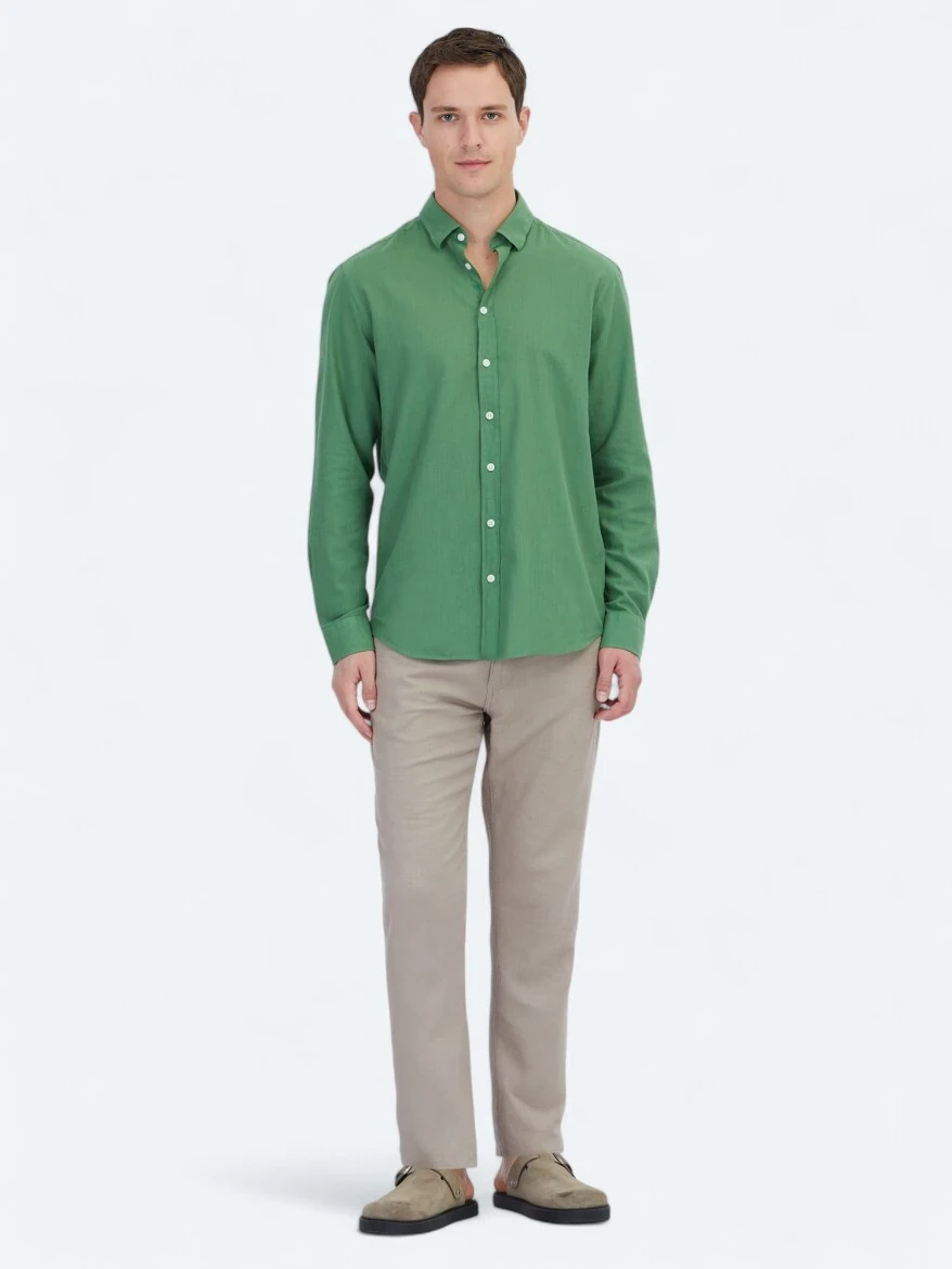 Pistachio Green Plain Weaving Casual 100% Cotton Shirt - 2