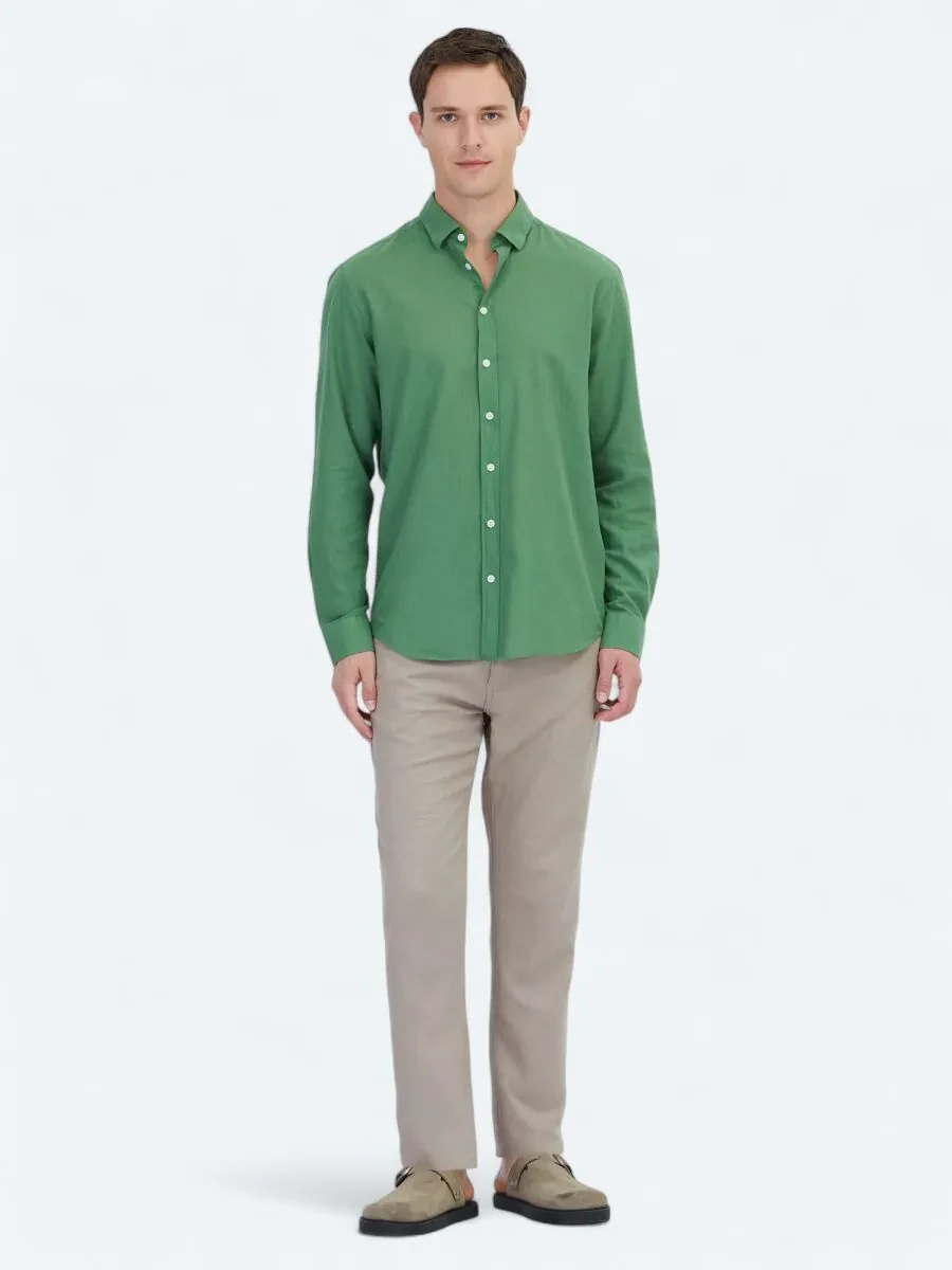 Pistachio Green Plain Weaving Casual 100% Cotton Shirt - 2