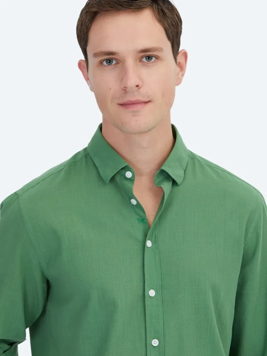 Pistachio Green Plain Weaving Casual 100% Cotton Shirt - 3