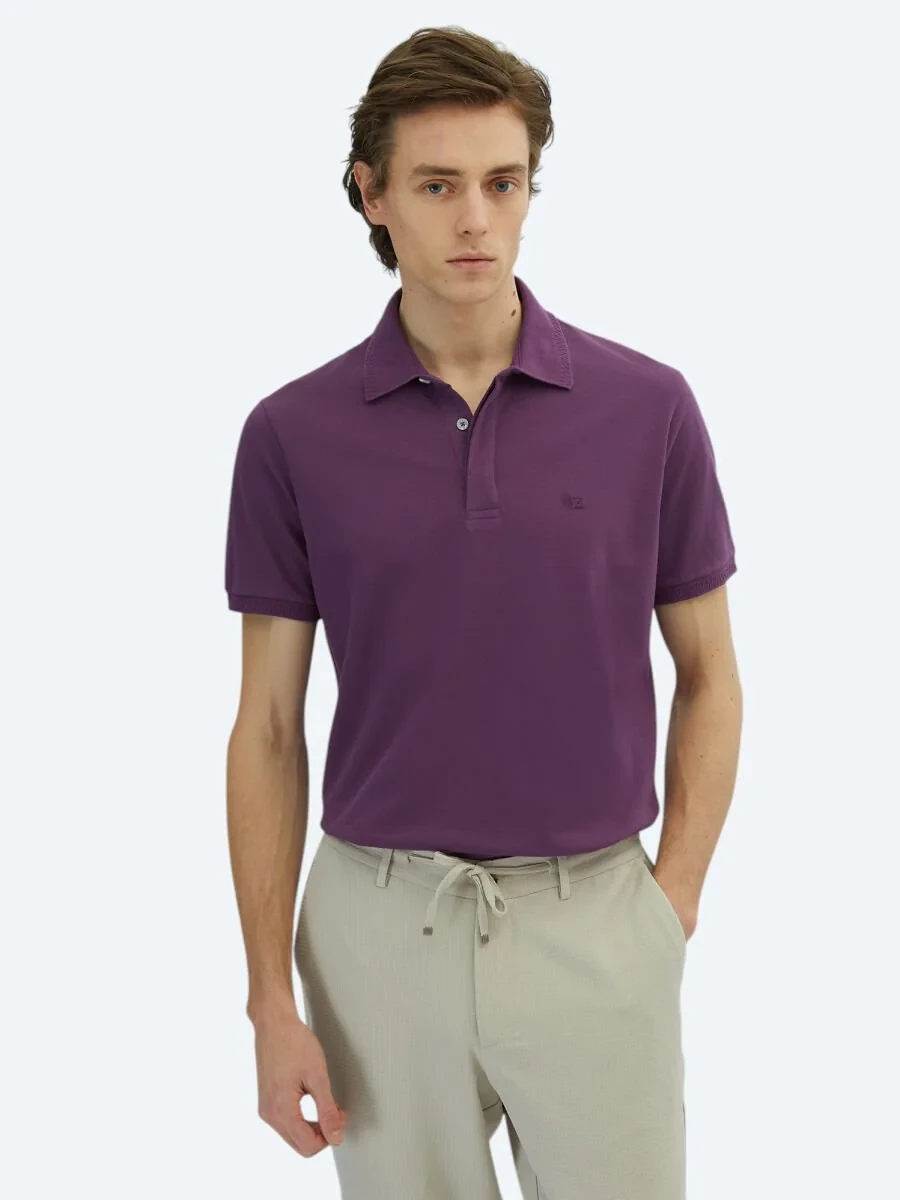 Purple Plain Polo Neck 100% Cotton T-Shirt - 1