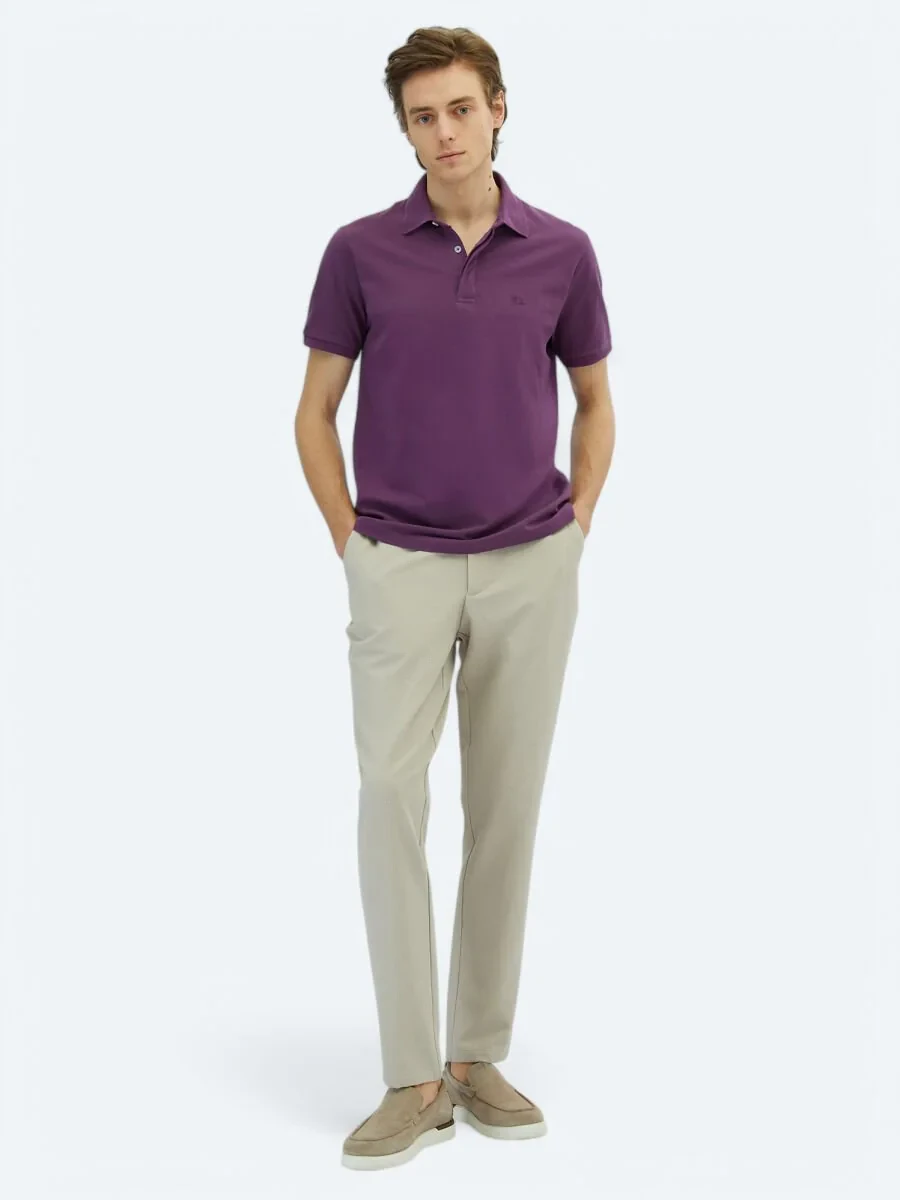 Purple Plain Polo Neck 100% Cotton T-Shirt - 2