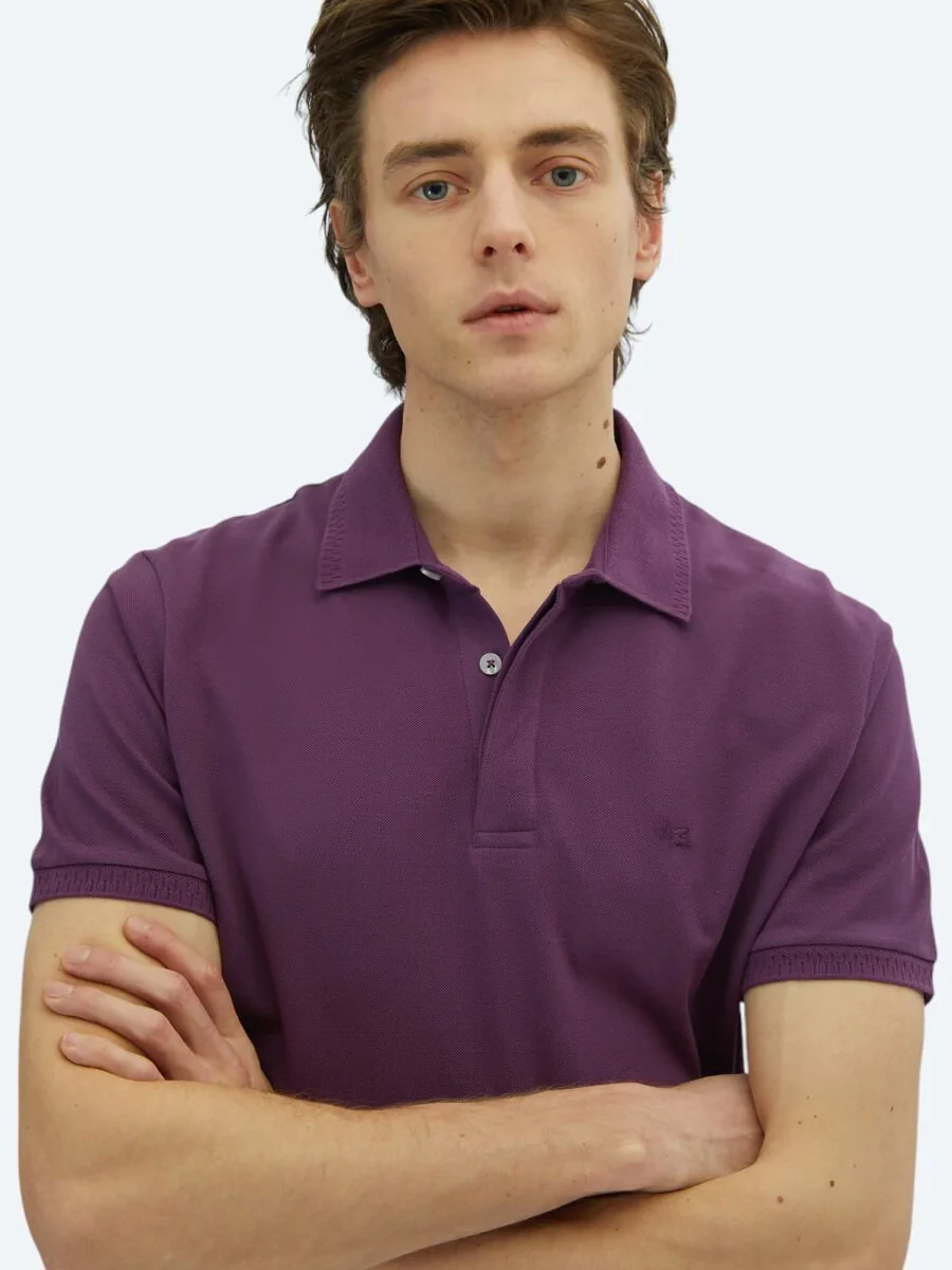 Purple Plain Polo Neck 100% Cotton T-Shirt - 3