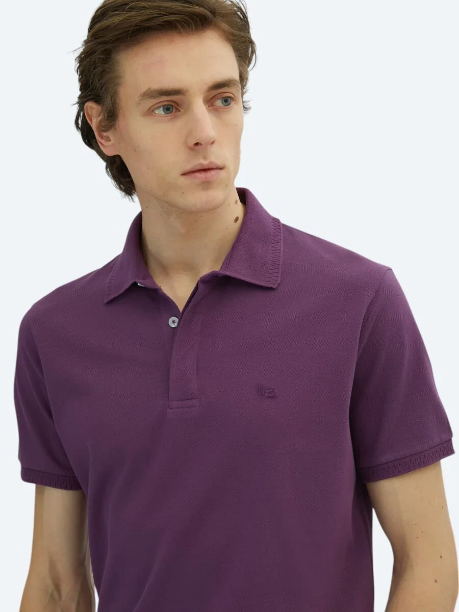 Purple Plain Polo Neck 100% Cotton T-Shirt - 4
