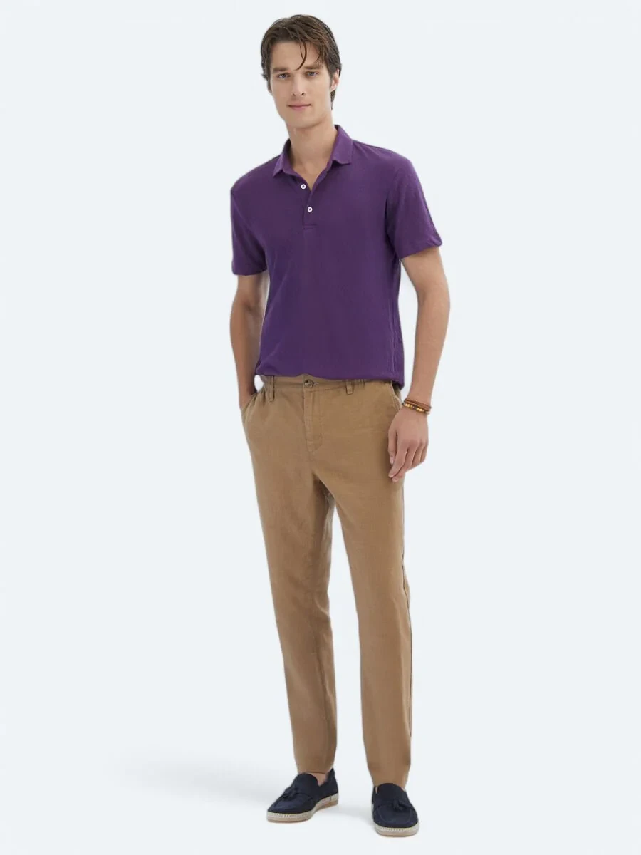 Purple Plain Polo Neck Cotton Blended T-Shirt - 2