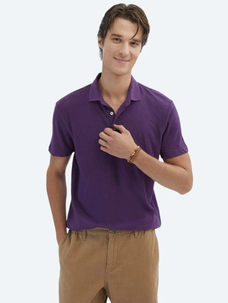 Purple Plain Polo Neck Cotton Blended T-Shirt - 3