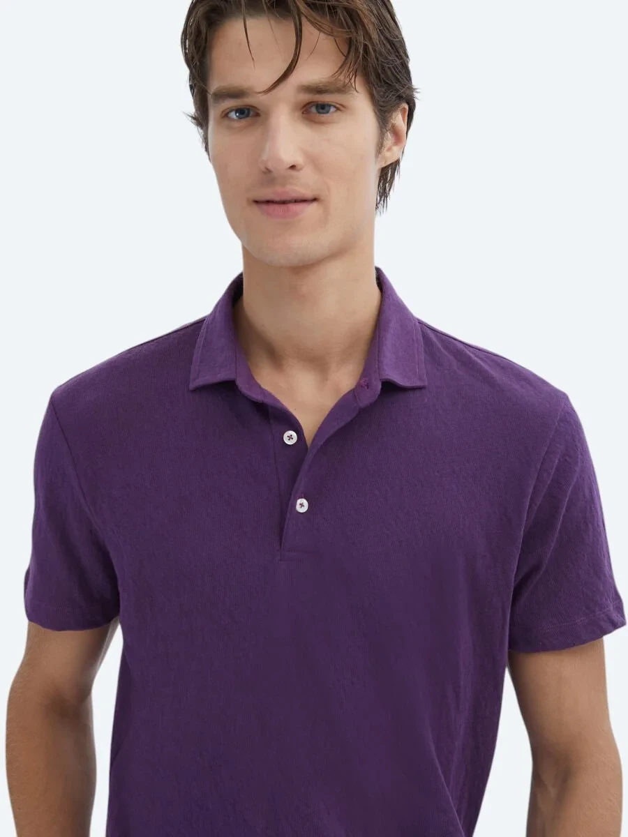 Purple Plain Polo Neck Cotton Blended T-Shirt - 4