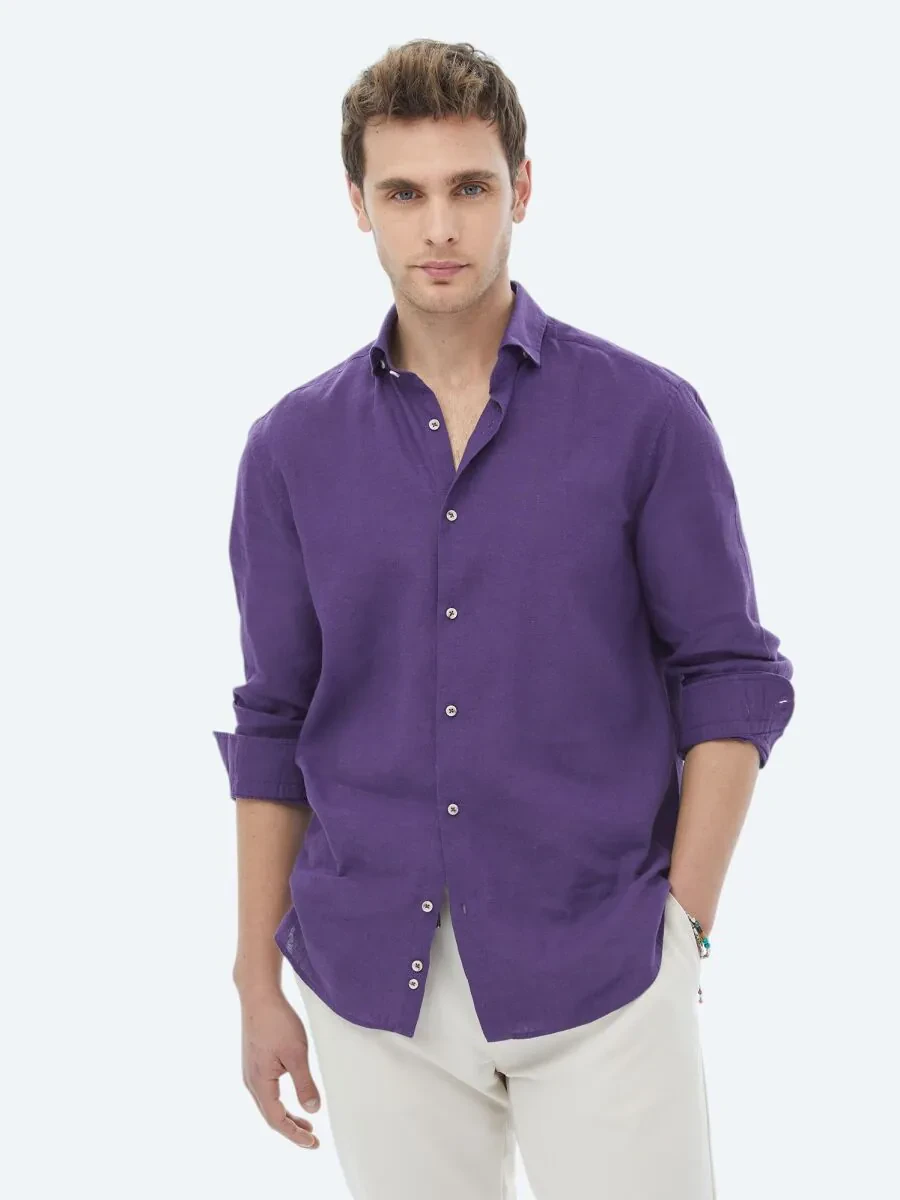 Purple Plain Regular Fit Weaving Casual Cotton Blended Shirt - 2