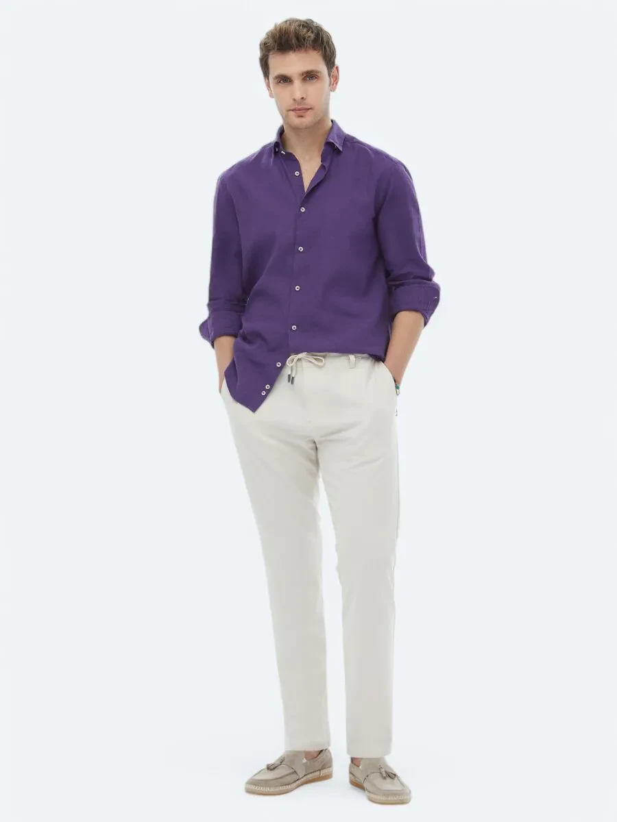 Purple Plain Regular Fit Weaving Casual Cotton Blended Shirt - 4