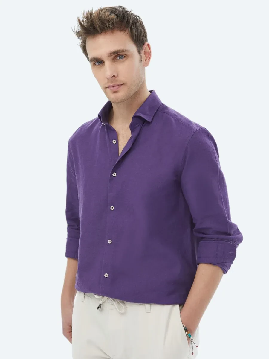 Purple Plain Regular Fit Weaving Casual Cotton Blended Shirt - 6