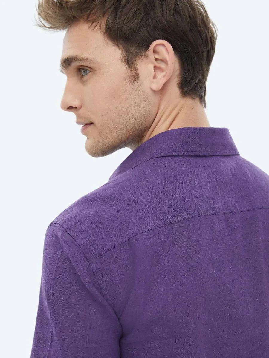 Purple Plain Regular Fit Weaving Casual Cotton Blended Shirt - 11