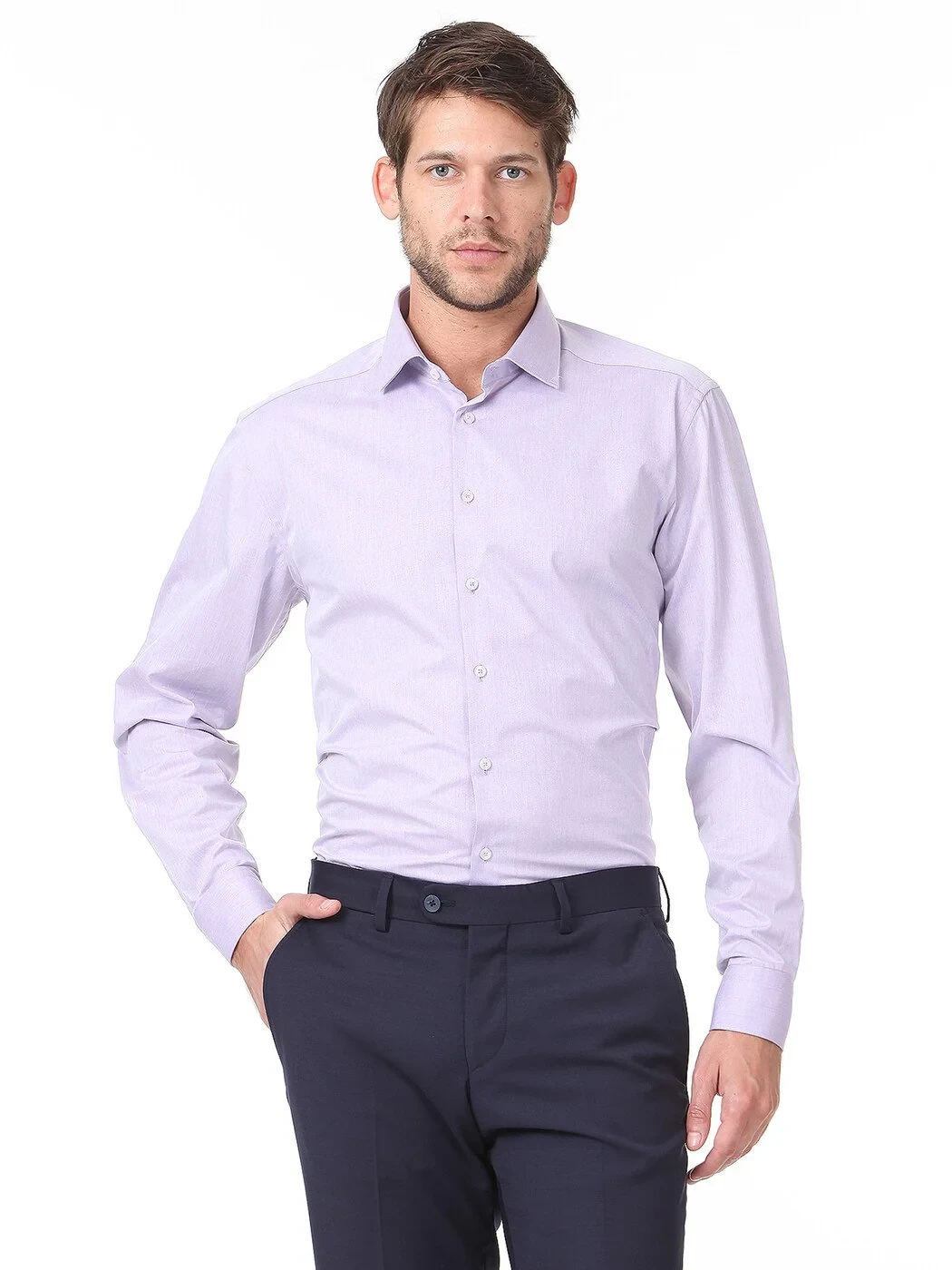 Purple Plain Regular Fit Weaving Classical Cotton Blended Shirt - 1