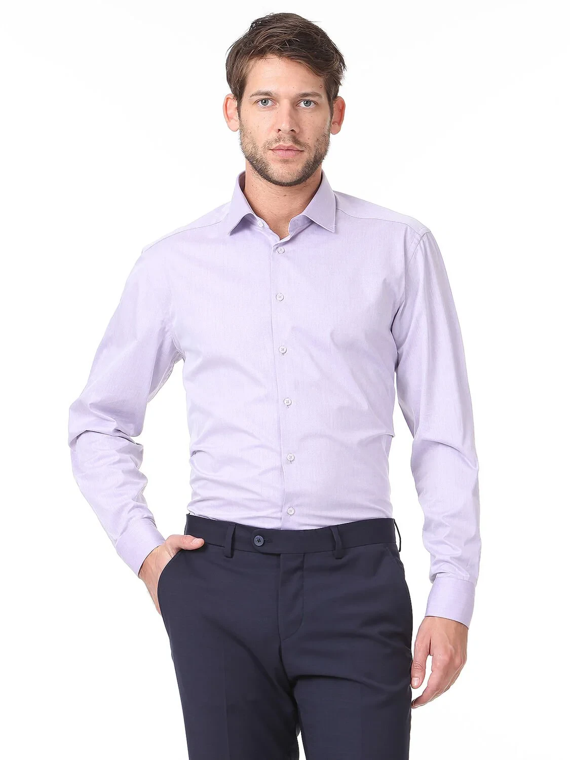 Purple Plain Regular Fit Weaving Classical Cotton Blended Shirt - 1