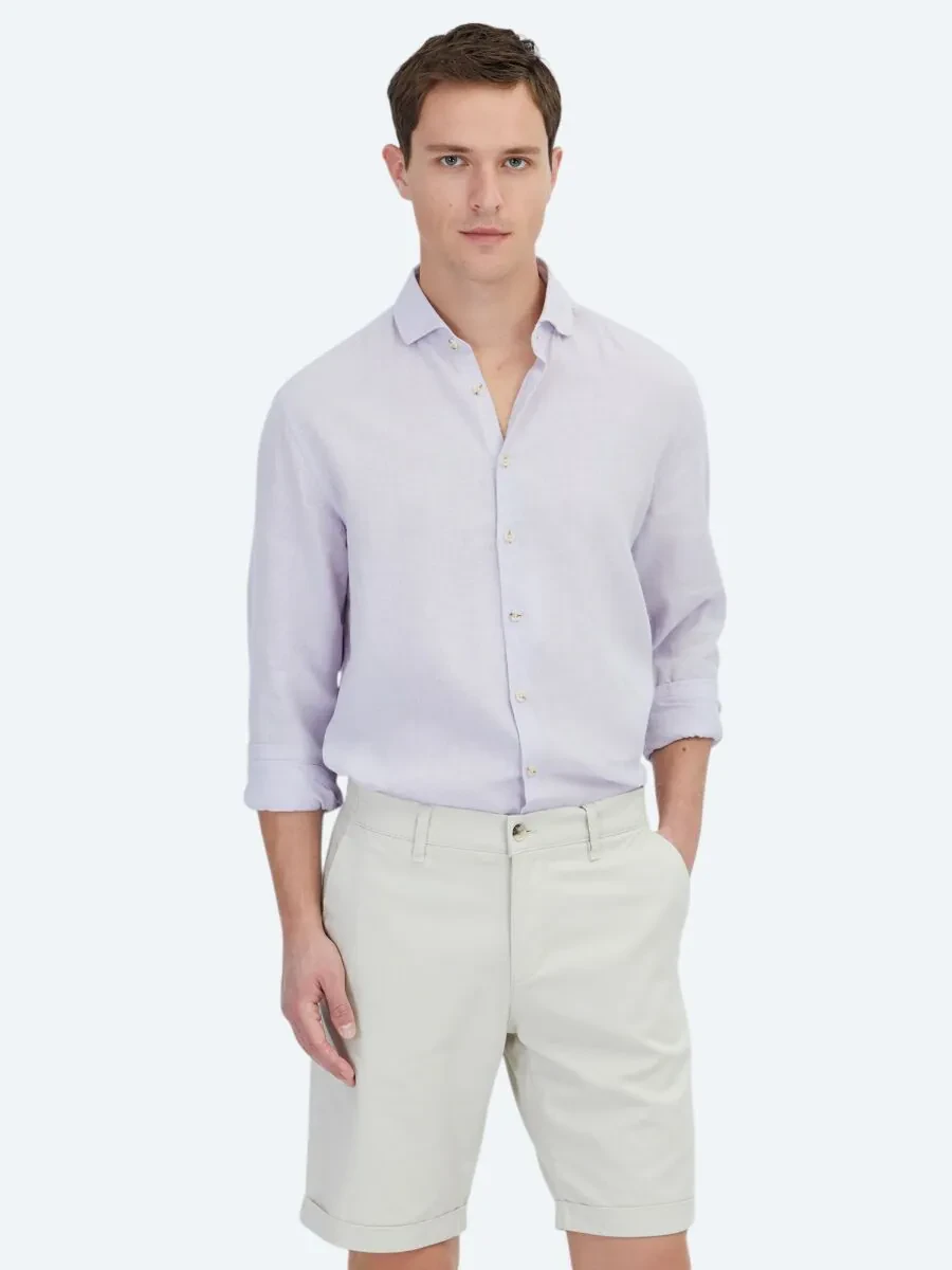 Purple Plain Weaving Casual Cotton Blended Shirt - 1