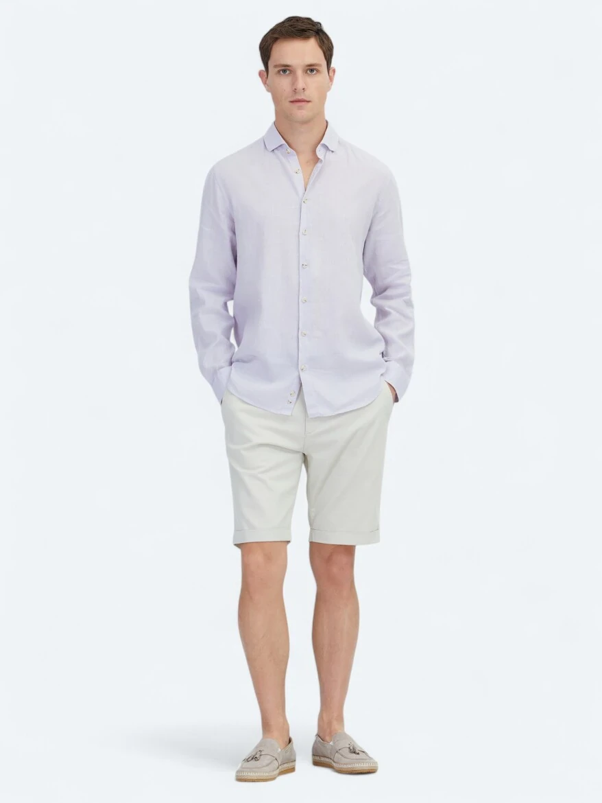 Purple Plain Weaving Casual Cotton Blended Shirt - 2