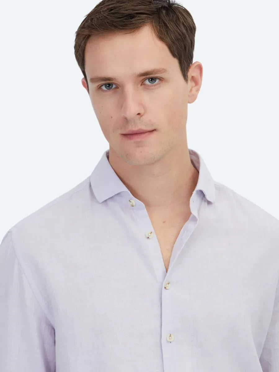 Purple Plain Weaving Casual Cotton Blended Shirt - 3