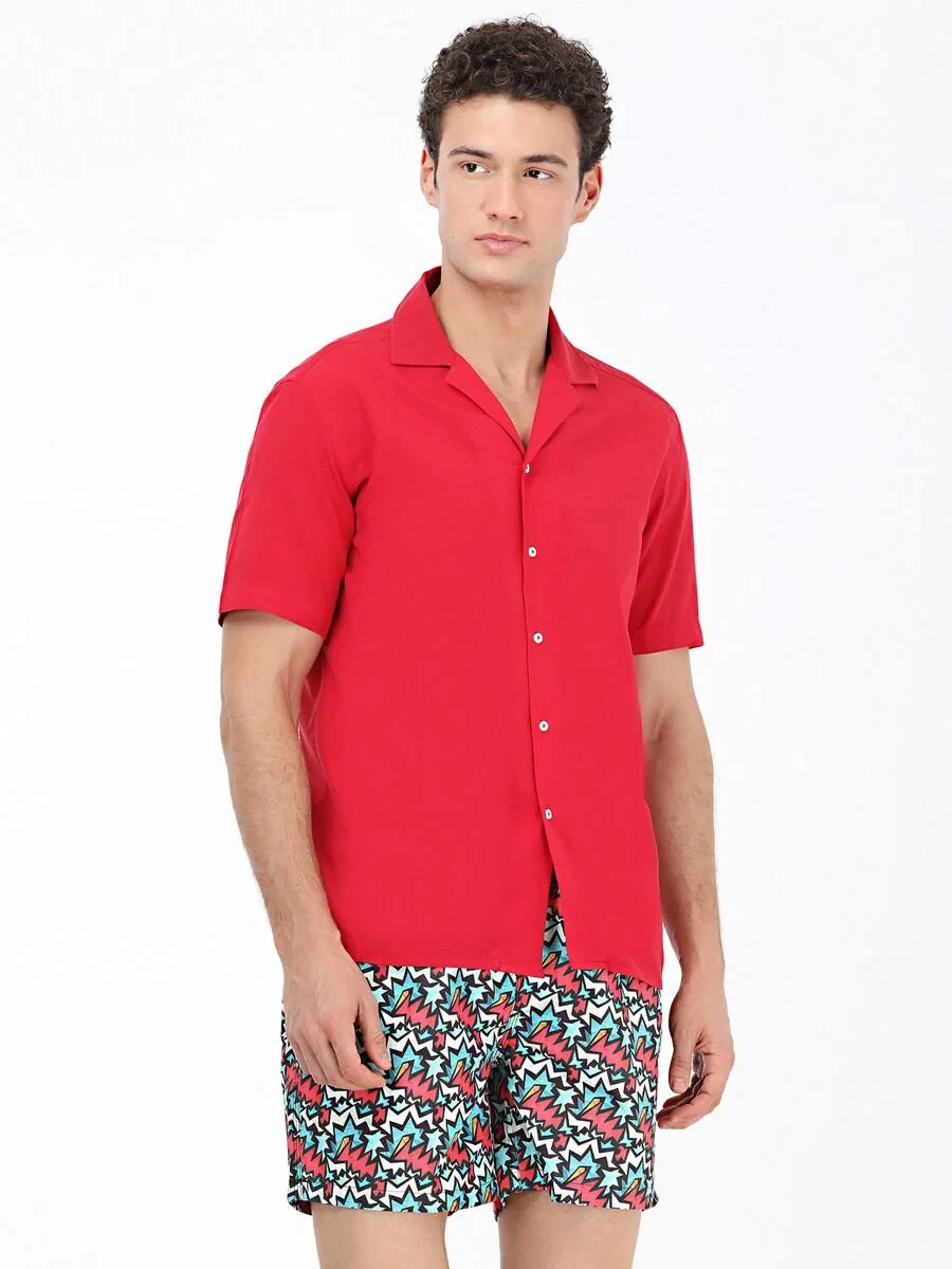 Red Patterned Regular Fit Weaving Casual 100% Cotton Shirt - 2