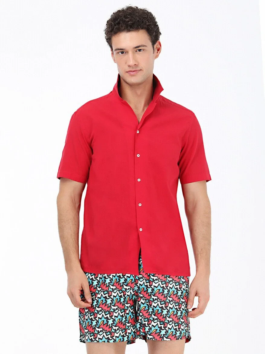 Red Patterned Regular Fit Weaving Casual 100% Cotton Shirt - 3