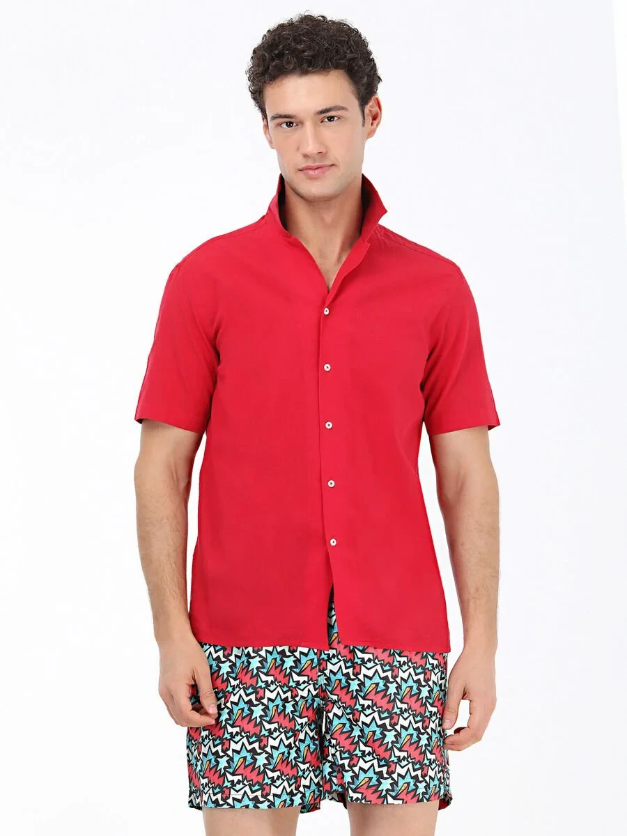 Red Patterned Regular Fit Weaving Casual 100% Cotton Shirt - 3