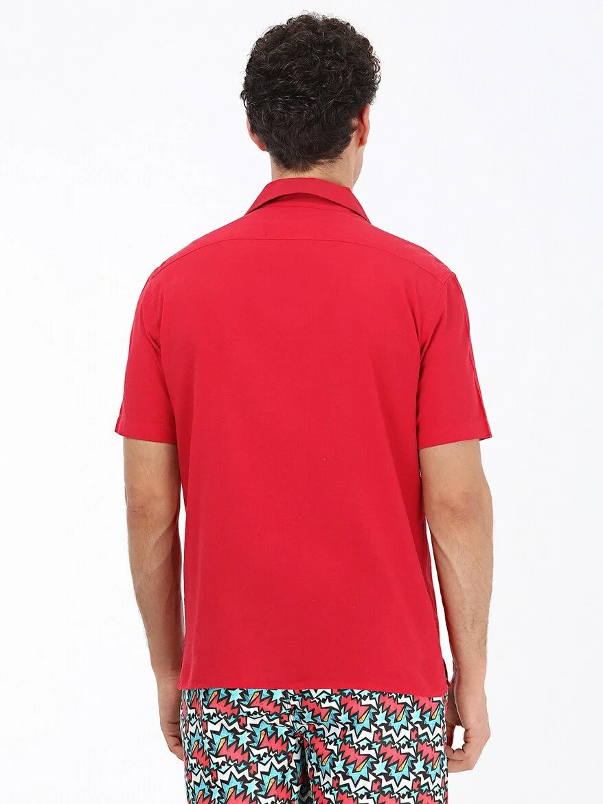 Red Patterned Regular Fit Weaving Casual 100% Cotton Shirt - 5