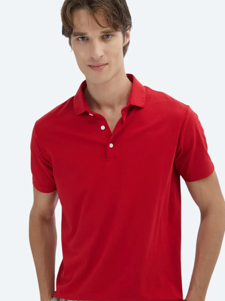 Red Plain Polo Neck 100% Cotton T-Shirt - 1