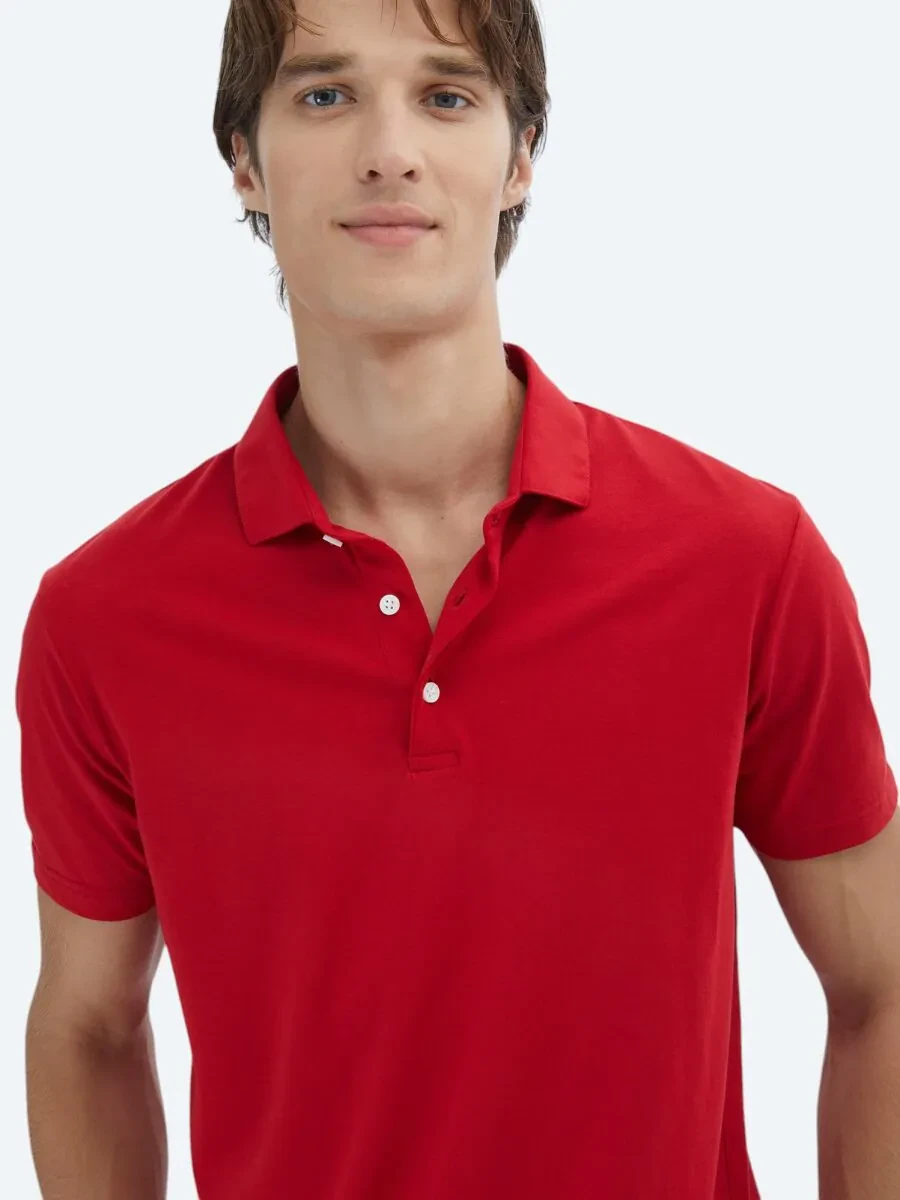Red Plain Polo Neck 100% Cotton T-Shirt - 3