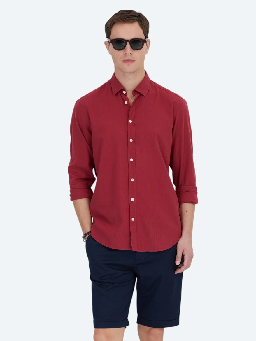 Red Plain Weaving Casual 100% Cotton Shirt - 1