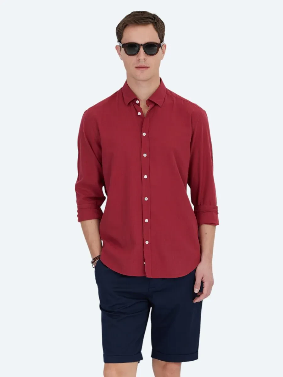 Red Plain Weaving Casual 100% Cotton Shirt - 1
