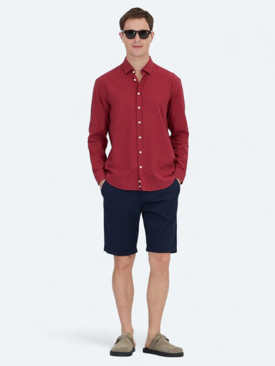 Red Plain Weaving Casual 100% Cotton Shirt - 2