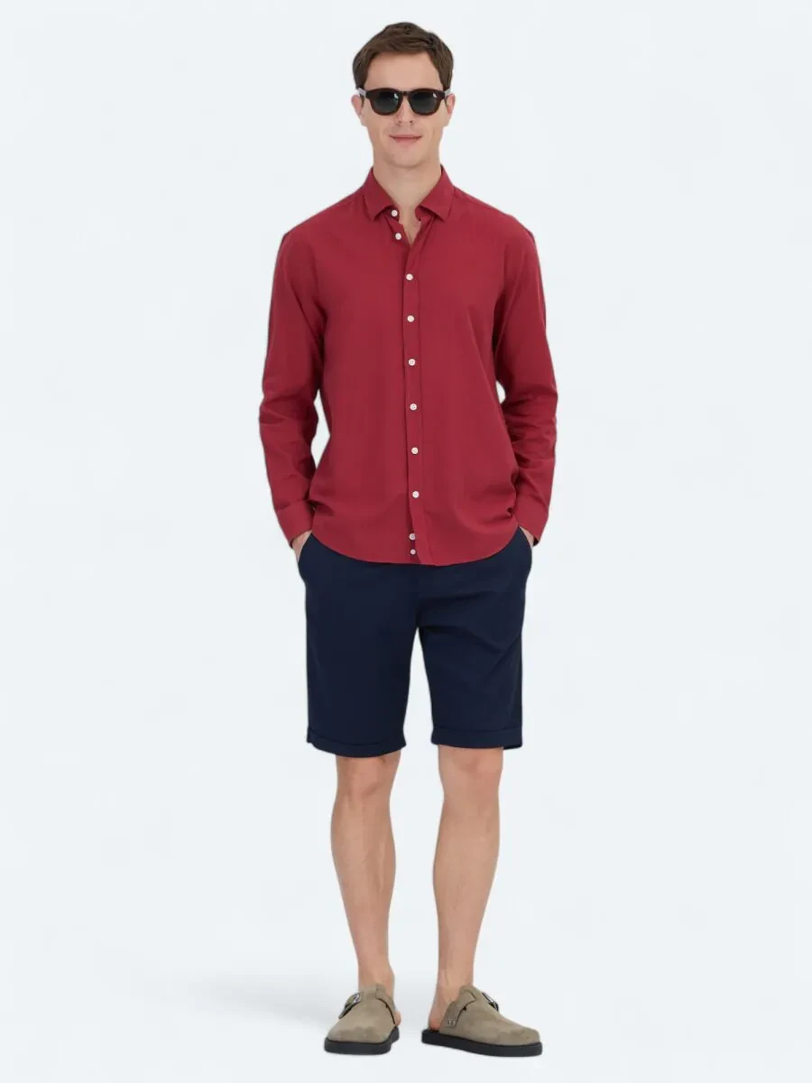 Red Plain Weaving Casual 100% Cotton Shirt - 2