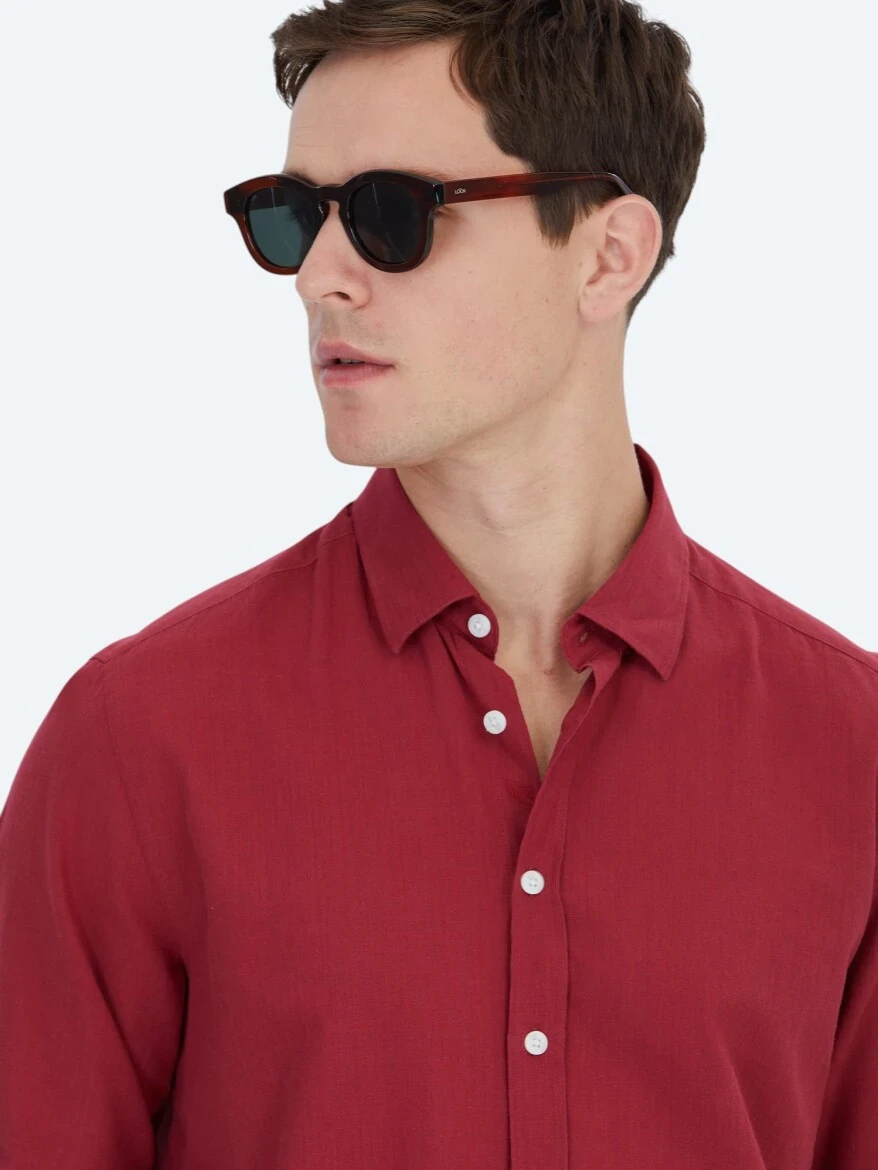 Red Plain Weaving Casual 100% Cotton Shirt - 3