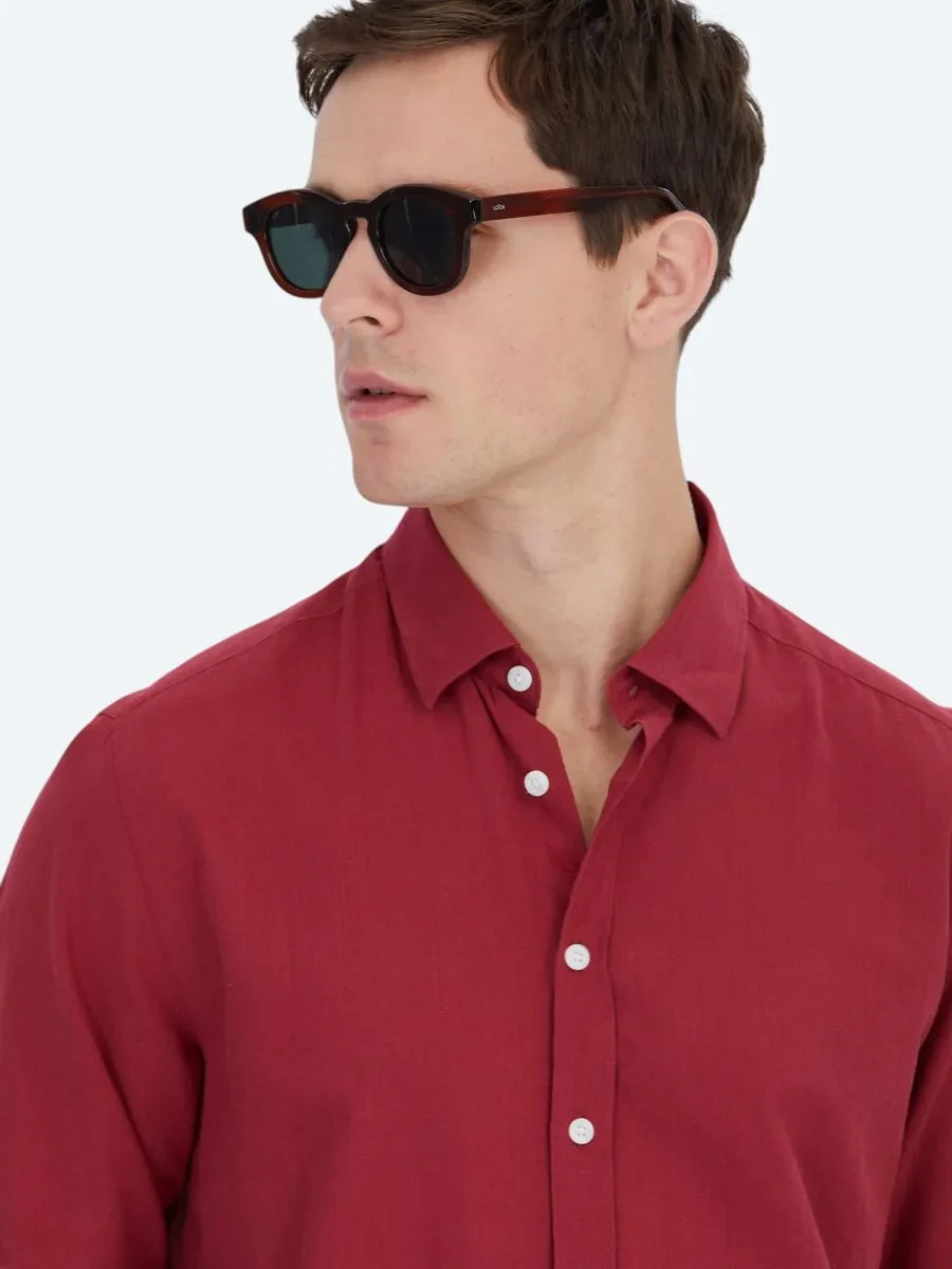 Red Plain Weaving Casual 100% Cotton Shirt - 3