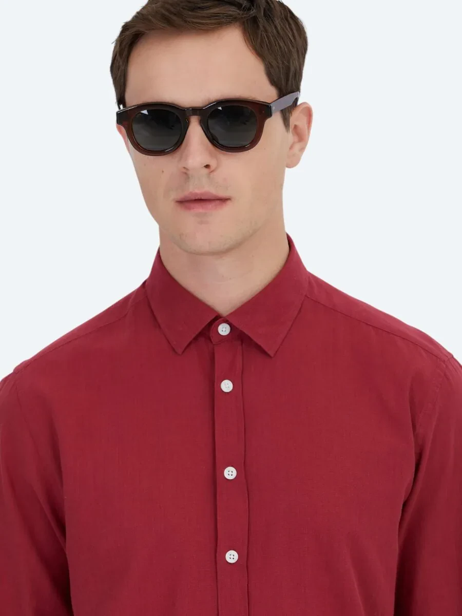 Red Plain Weaving Casual 100% Cotton Shirt - 4
