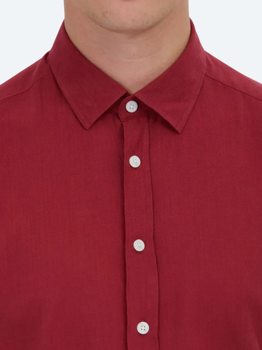 Red Plain Weaving Casual 100% Cotton Shirt - 5