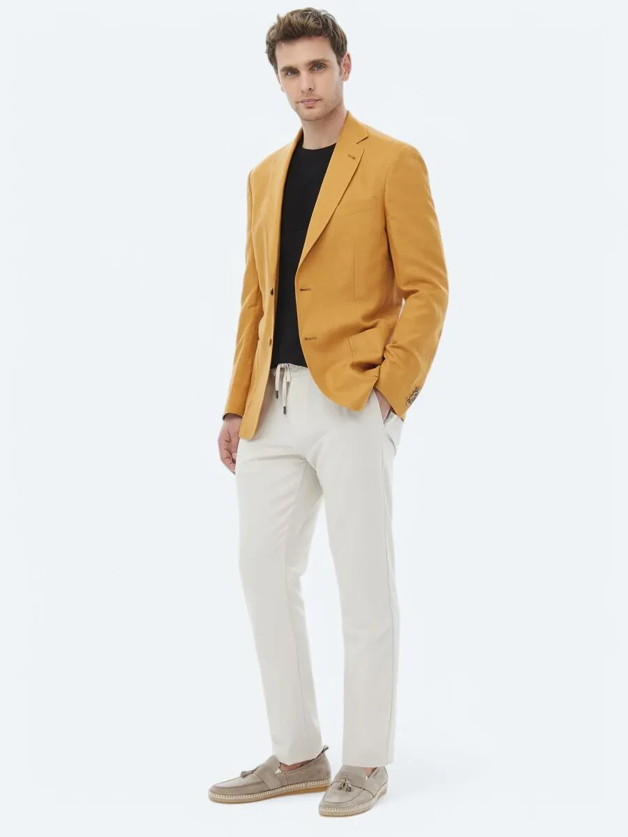 Saffron Plain Modern Fit Linen Blended Jacket - 3