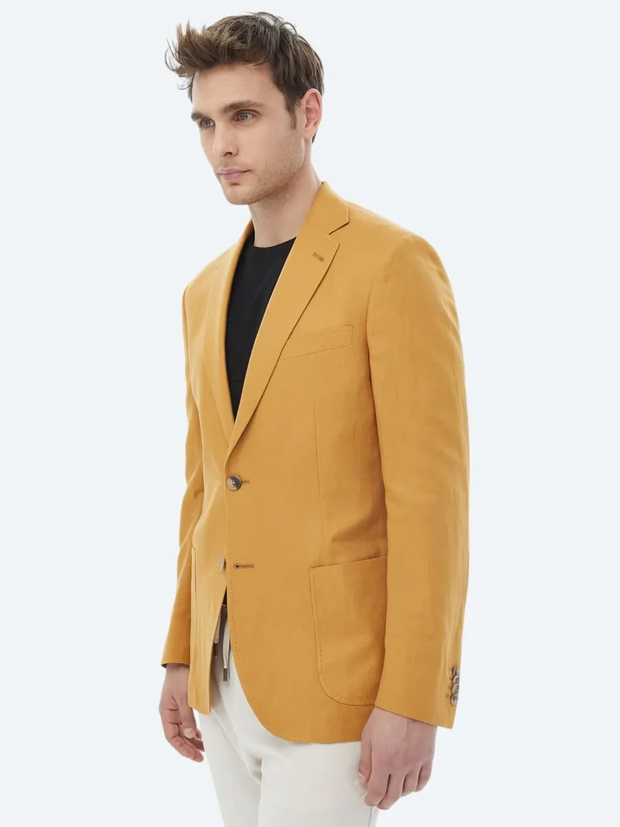 Saffron Plain Modern Fit Linen Blended Jacket - 4