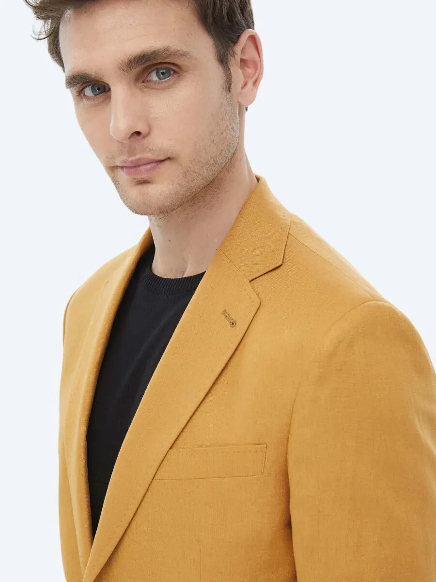 Saffron Plain Modern Fit Linen Blended Jacket - 7