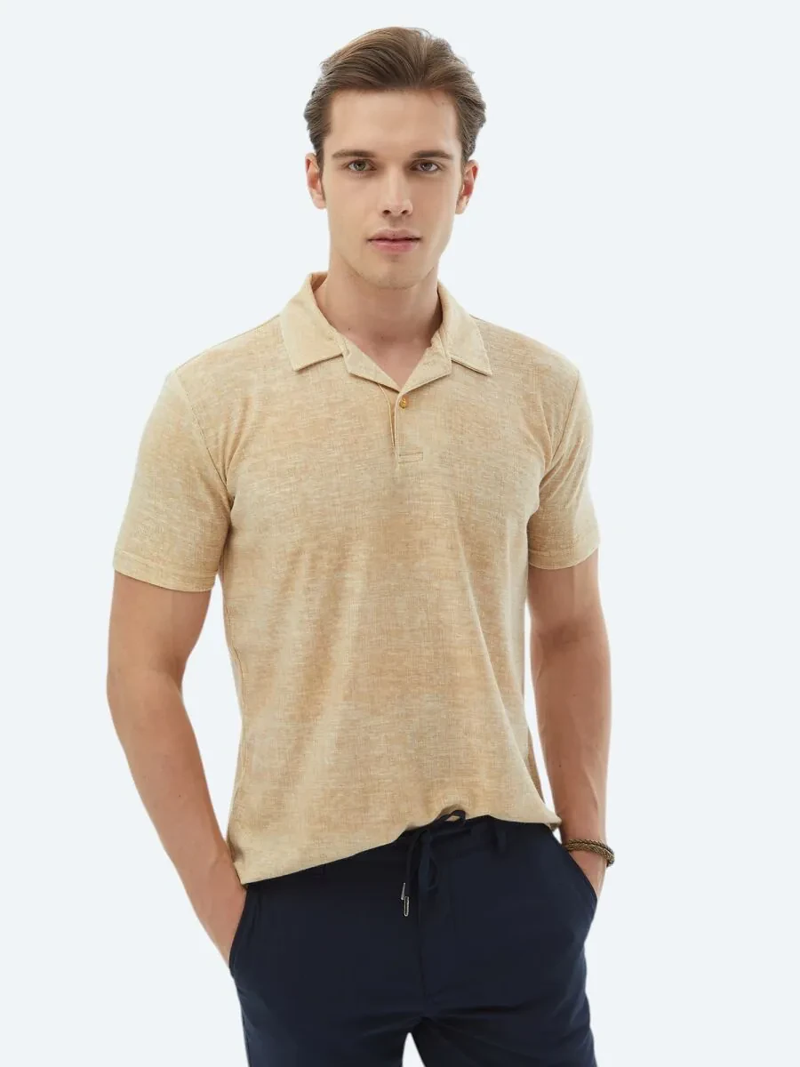 Saffron Printed Cuban Collar Cotton Blended T-Shirt - 1